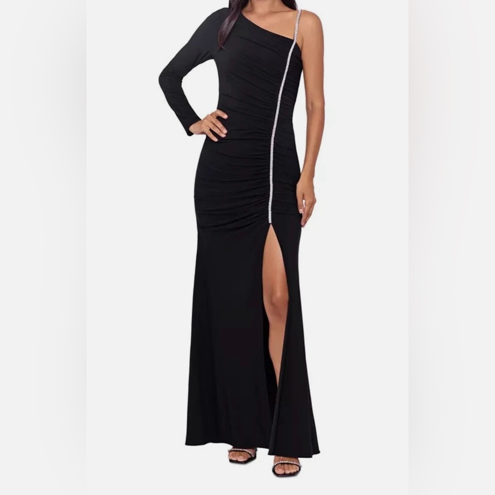 Xscape Black One-Shoulder Dress with Rhinestone Detail